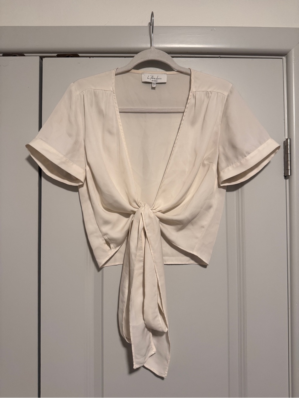 L'Academie Ivory Front-Tie Short Sleeve Blouse